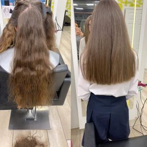 woman before and after haircut