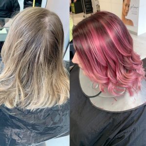 before and after image of girl dying her hair pink